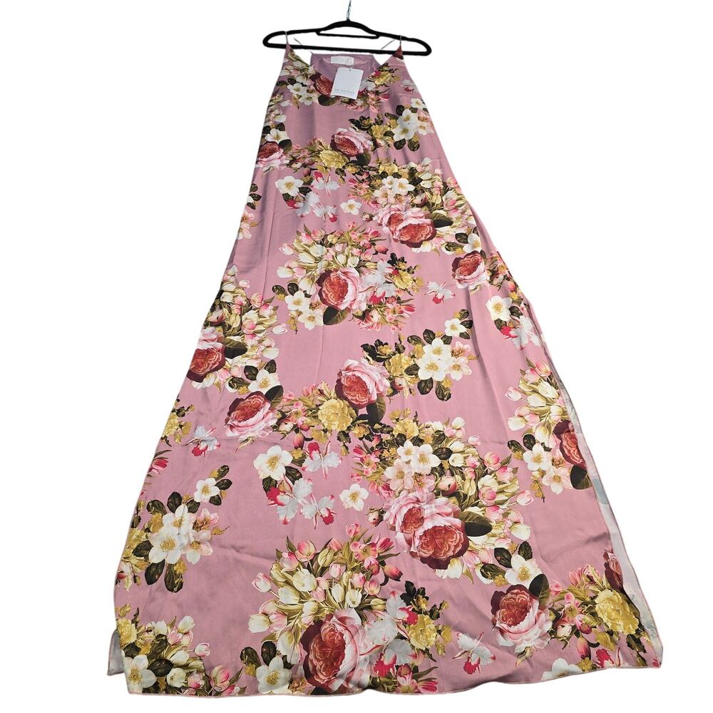 La Selva Silk Pink Floral Maxi Dress Side Slit Strappy Sleeve Size M 42 Beach